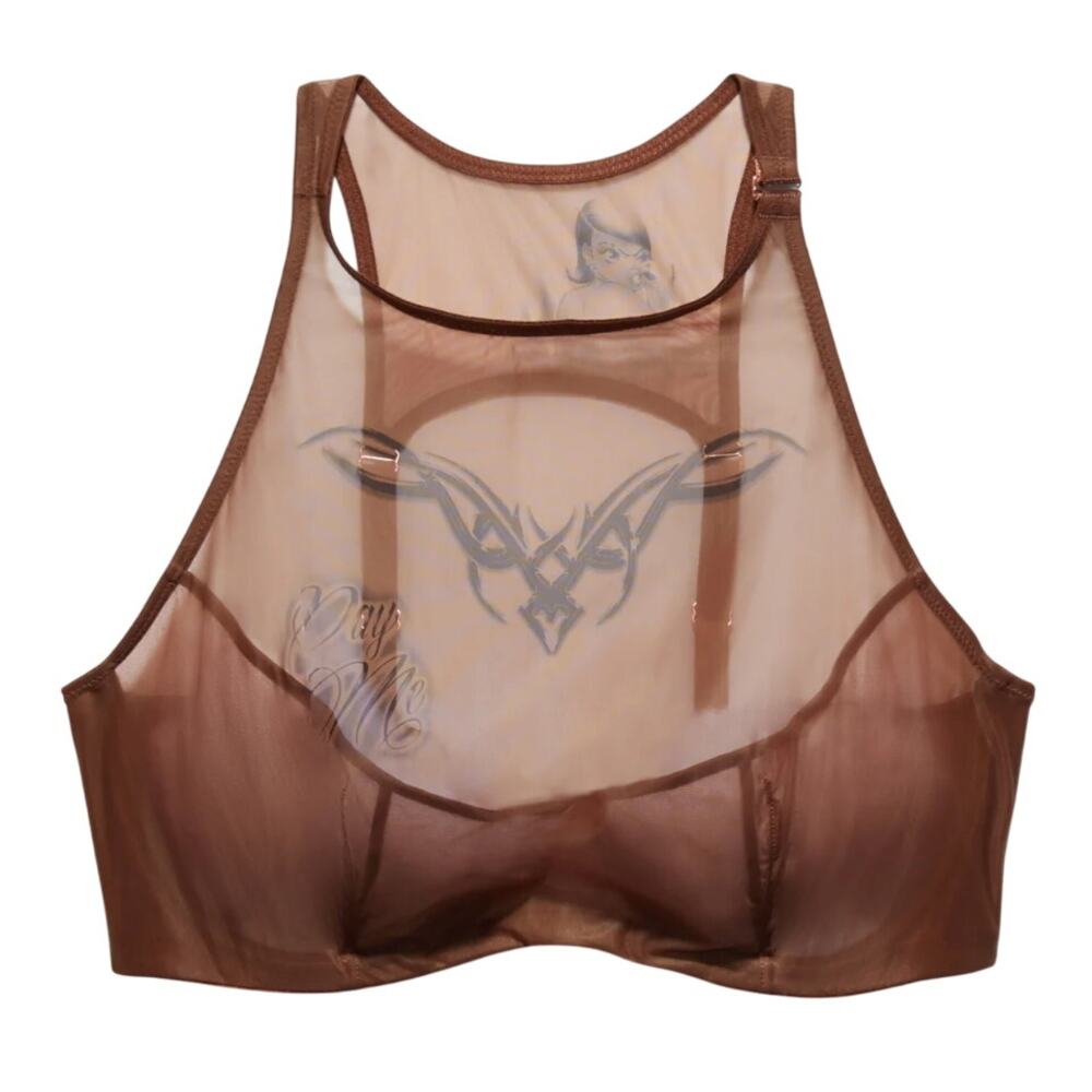 Savage X Fenty Tattooed Tricot High Neck Bra in Brown, Size 32A